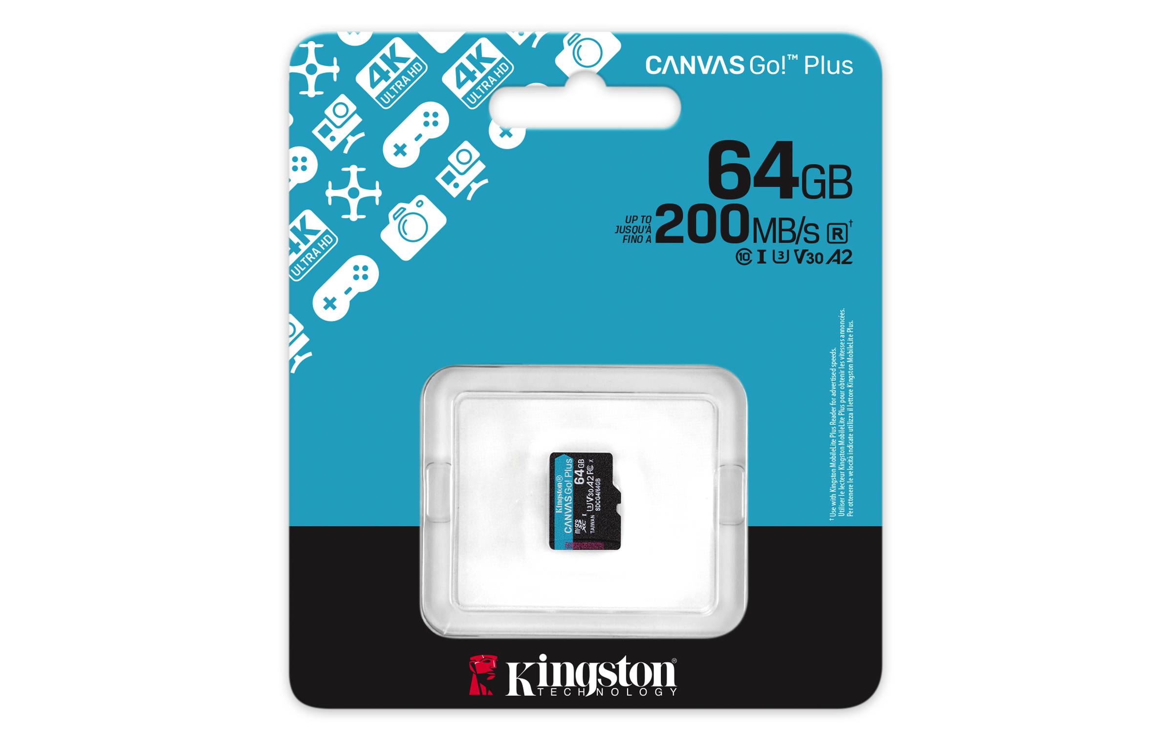 Kingston Technology 64GB microSDXC Canvas Go! Plus Gen4 200R A2 U3 enkel pakket zonder adapter