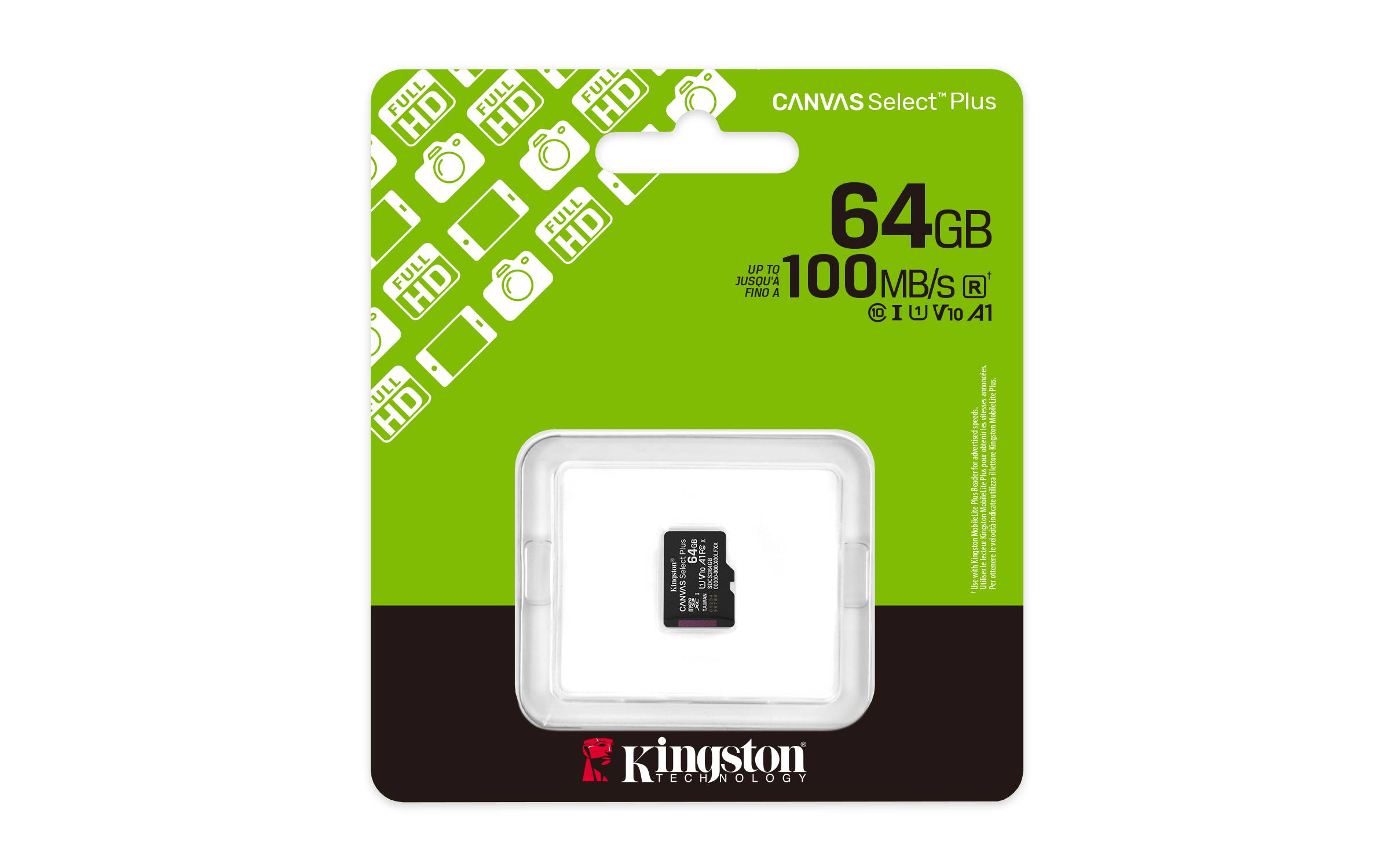 Kingston Technology 64GB micSDXC Canvas Select Plus Gen3 100R A1 enkel pakket zonder ADP