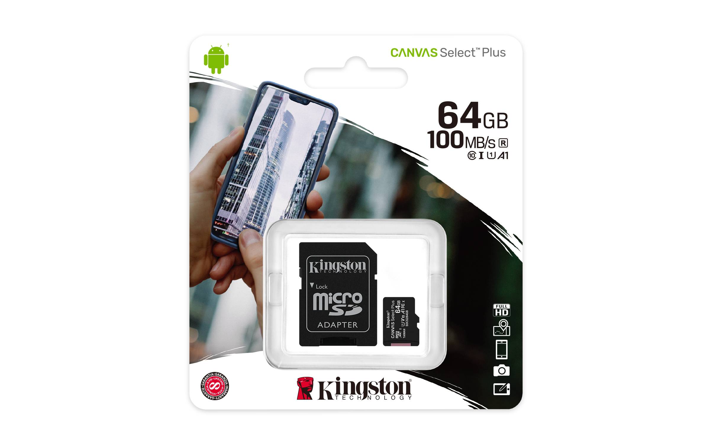 Kingston Technology Canvas Select 64GB micSDXC Plus 100R A1 C10 kaart + ADP