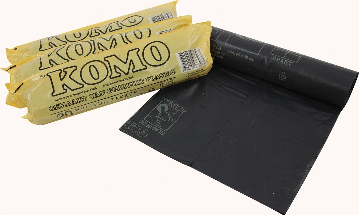 Komo vuilniszakken 50 micron, 60 liter, 1 rol, 20 zakken, grijs