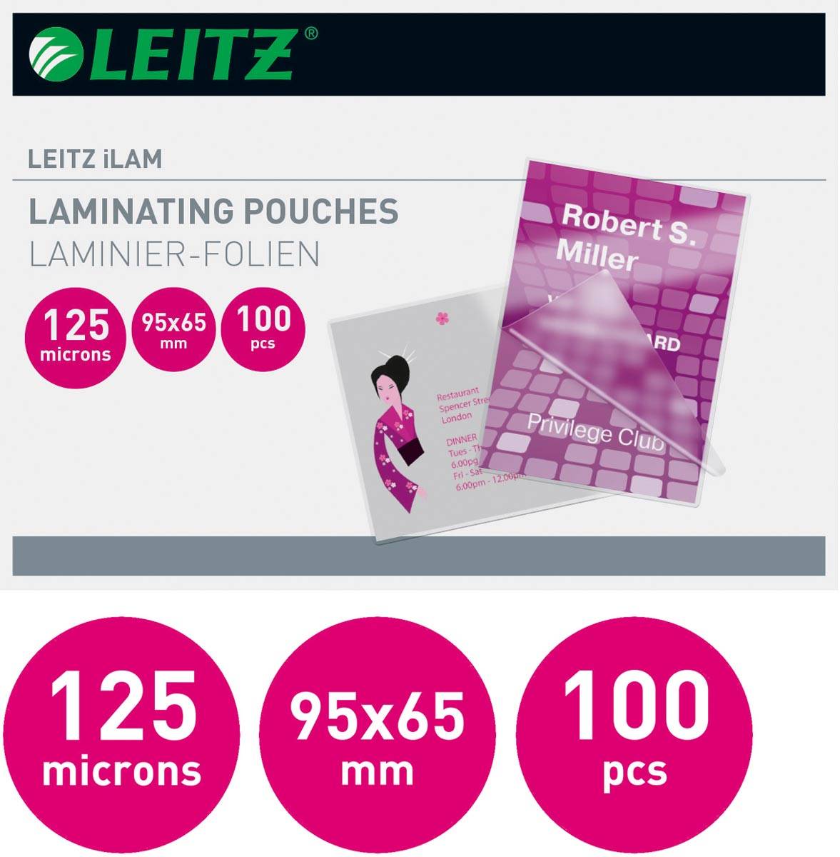 Leitz Eva lamineerhoes ft 65 x 95 mm, 250 micron (2 x 125 micron), pak van 100 stuks