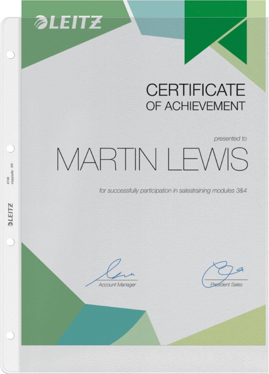 Leitz geperforeerde showtas Premium, ft A4, PVC, copy safe, transparant, pak van 100 stuks
