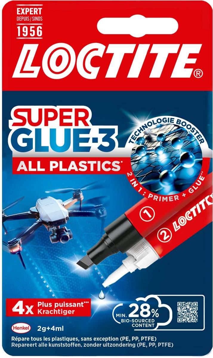 Loctite secondelijm Super Glue All Plastics, 2 g + 4 ml, op blister