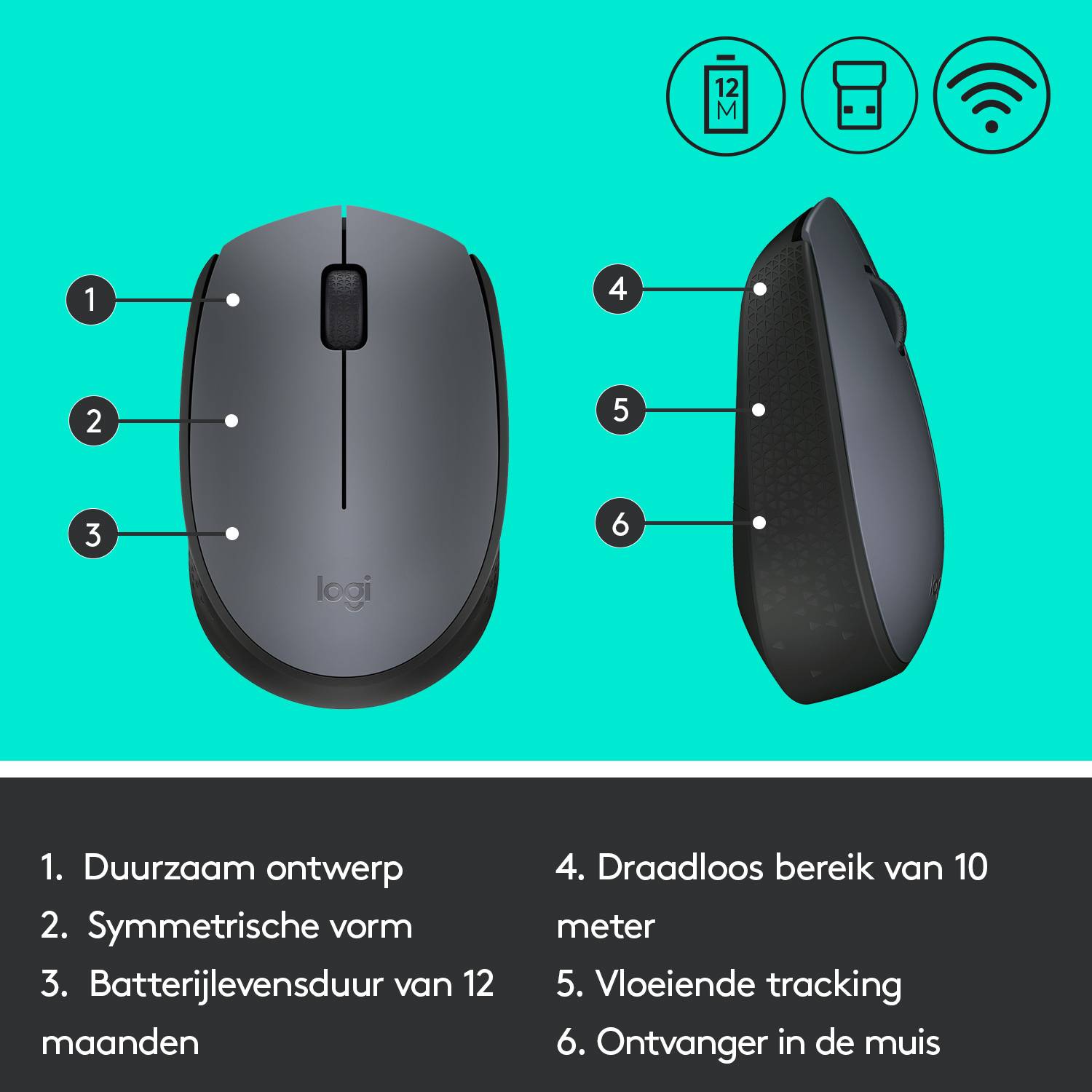 Logitech M170 Grey-K muis Kantoor Ambidextrous RF Draadloos Optisch 1000 DPI