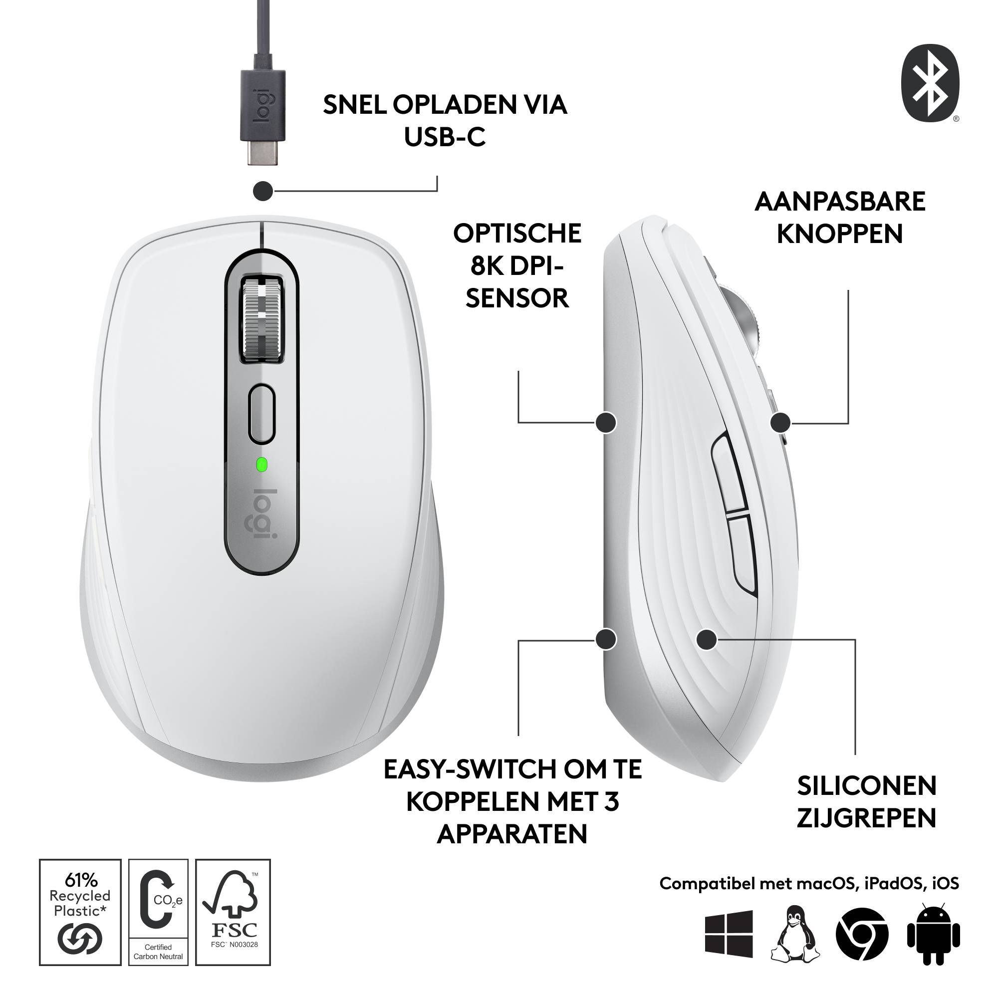 Logitech 910-006930 muis Kantoor Rechtshandig RF-draadloos + Bluetooth Laser 8000 DPI
