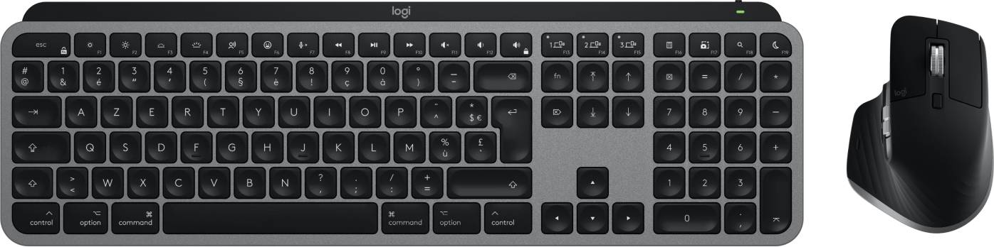 Logitech Master MX Keys S Combo for Mac toetsenbord Inclusief muis Thuis/Werk RF-draadloos + Bluetooth AZERTY Frans Aluminium, Zwart