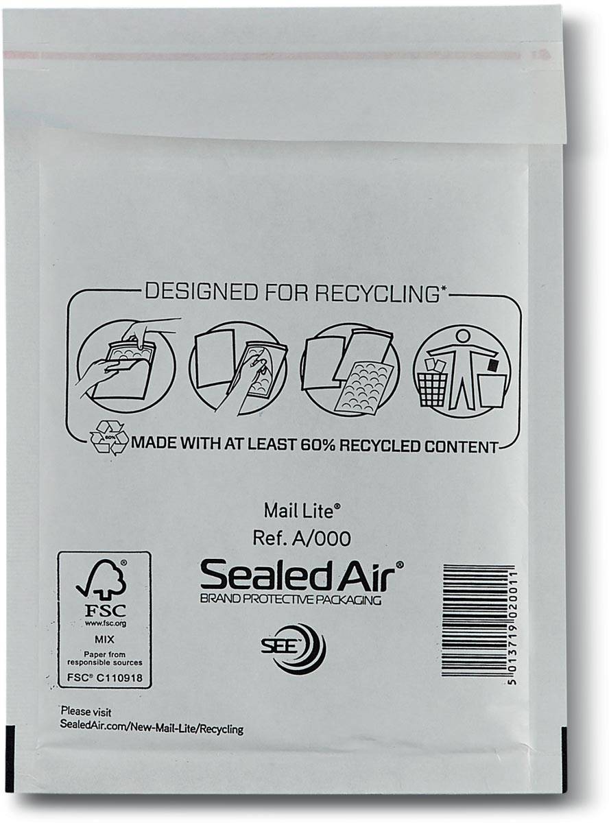 Mail Lite luchtkussenenveloppen, wit, A/000, 110 x 160 mm, doos van 200 stuks