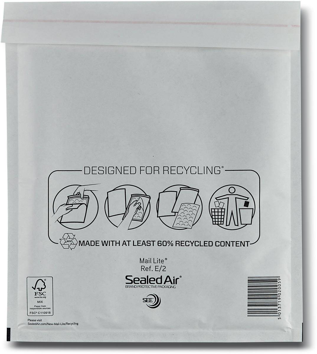 Mail Lite luchtkussenenveloppen, wit, E/2, 220 x 260 mm, doos van 200 stuks