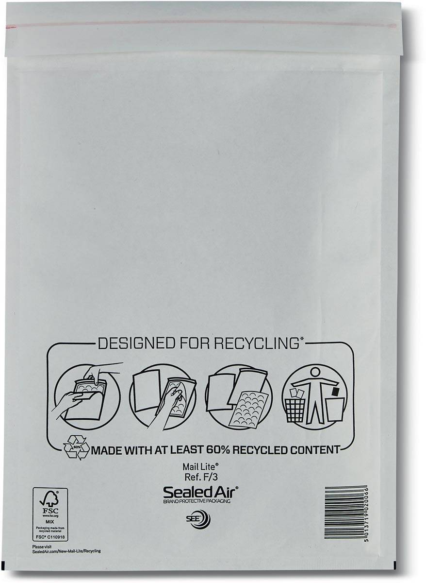 Mail Lite luchtkussenenveloppen, wit, F/3, 220 x 330 mm, doos van 100 stuks