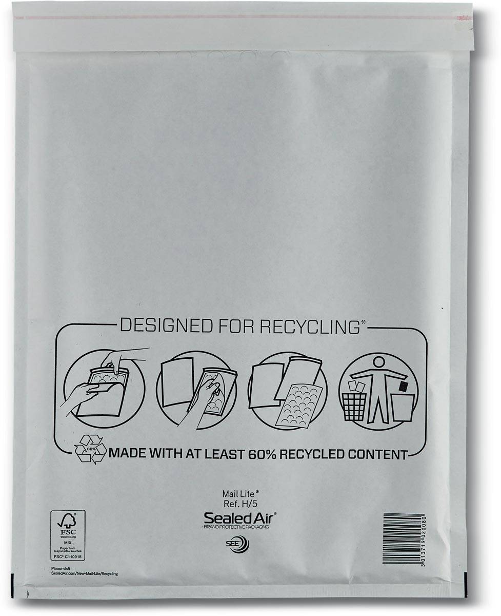 Mail Lite luchtkussenenveloppen, wit, H/5, 270 x 360 mm, doos van 100 stuks