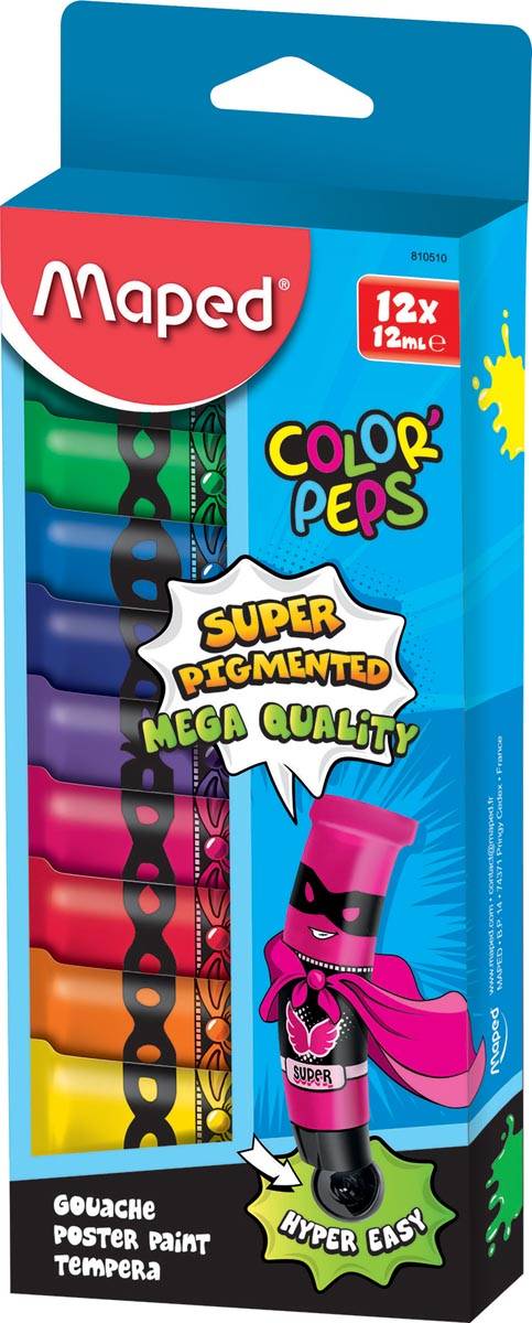 Maped Color'Peps plakkaatverf, tubes van 12 ml, ophangdoos met 12 tubes in geassorteerde kleuren