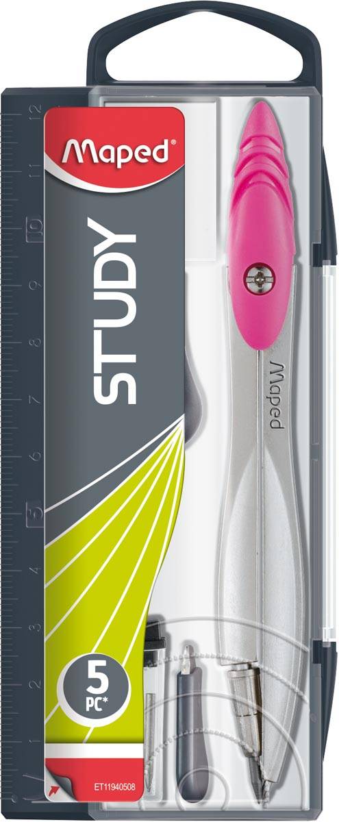 Maped passer Study 5-delige passerdoos:  - 1 passer Study  - 1 gum  - 1 mineslijper  - 1 kokertje potl...
