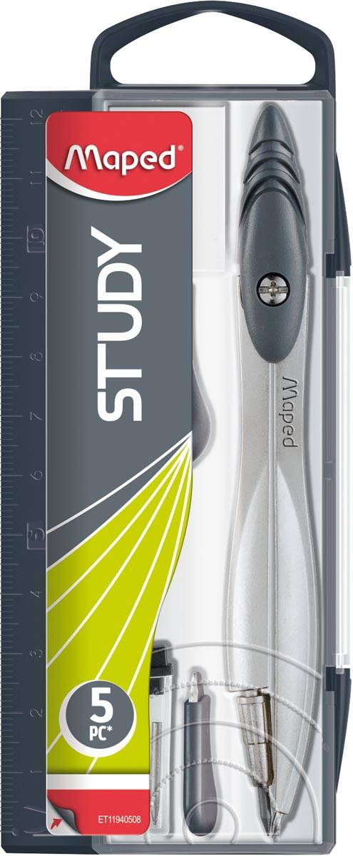 Maped passer Study 5-delige passerdoos:  - 1 passer Study  - 1 gum  - 1 mineslijper  - 1 kokertje potl...