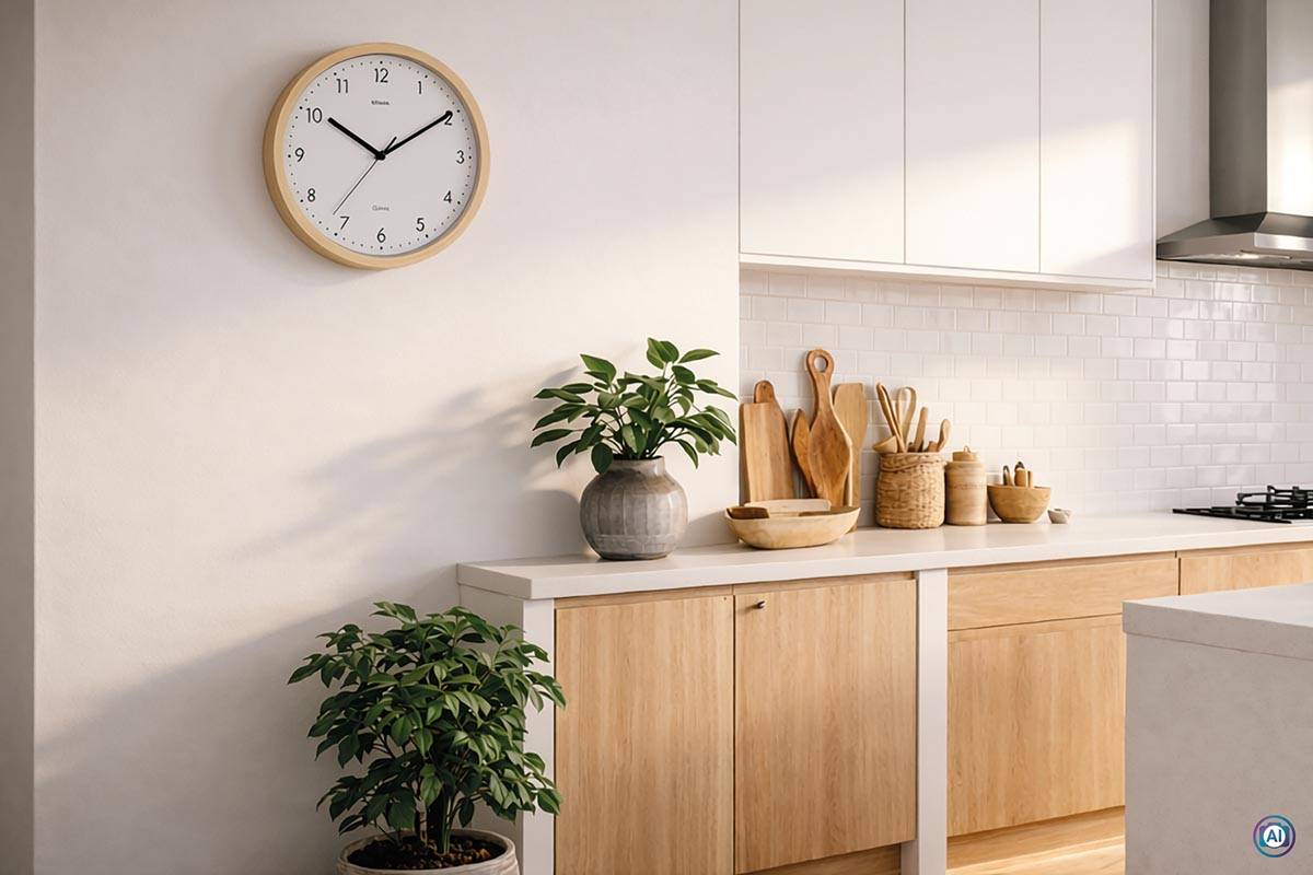 MAUL wandklok Grain, quartz, diameter 31 cm, kunststof kader, licht hout