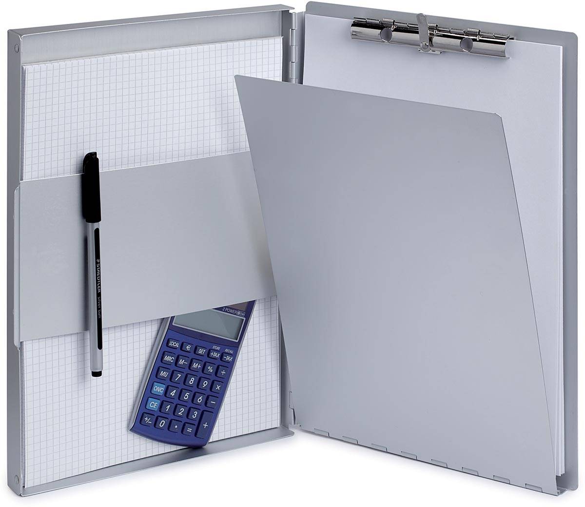 MAULassist klembordkoffer aluminium A4 staand, draait linksom open (zijkant)