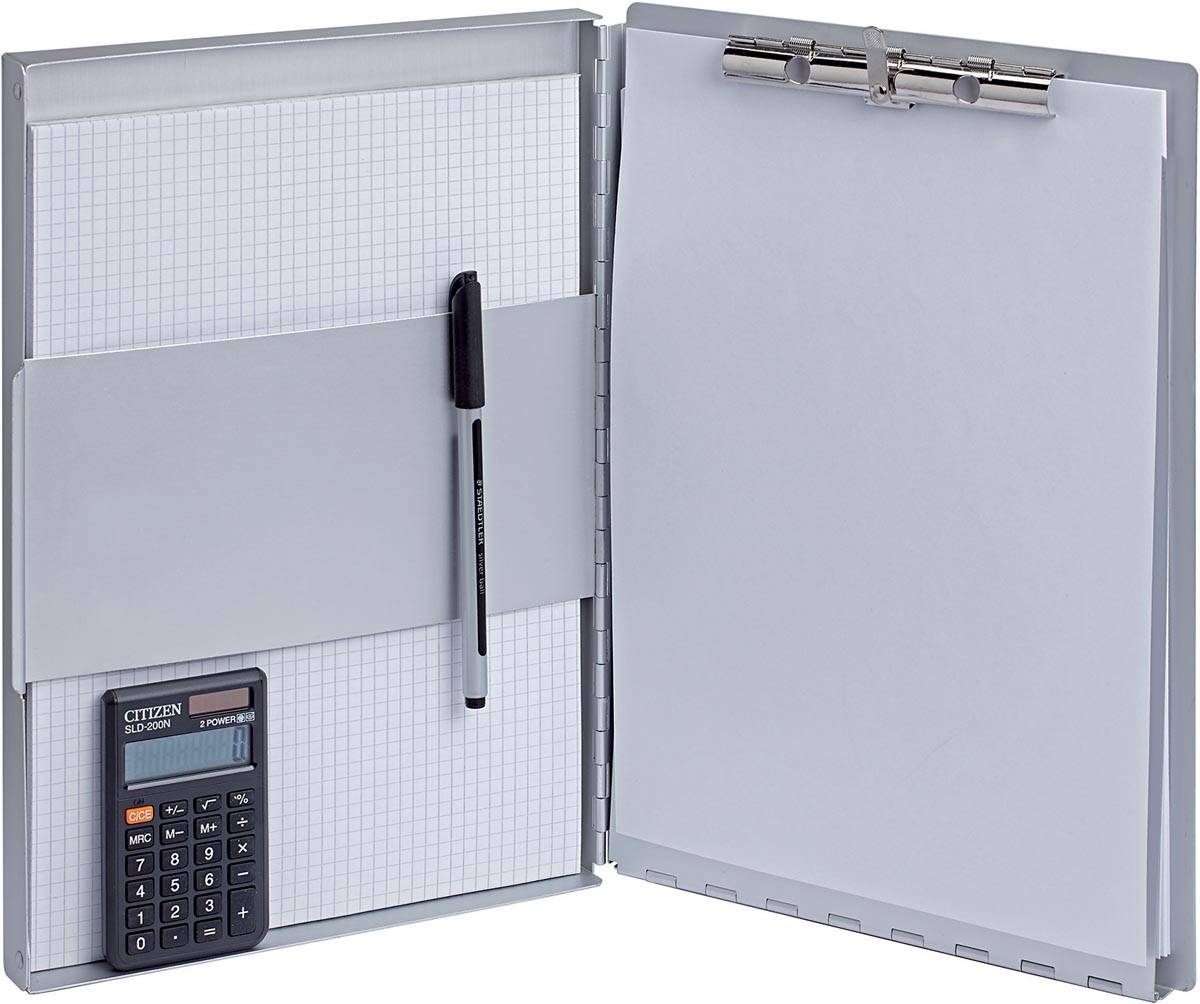 MAULassist klembordkoffer aluminium A4 staand, draait linksom open (zijkant)