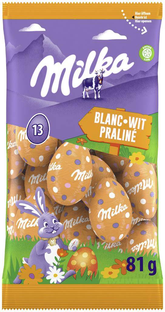 Milka paaseitjes, 81 g, wit praliné