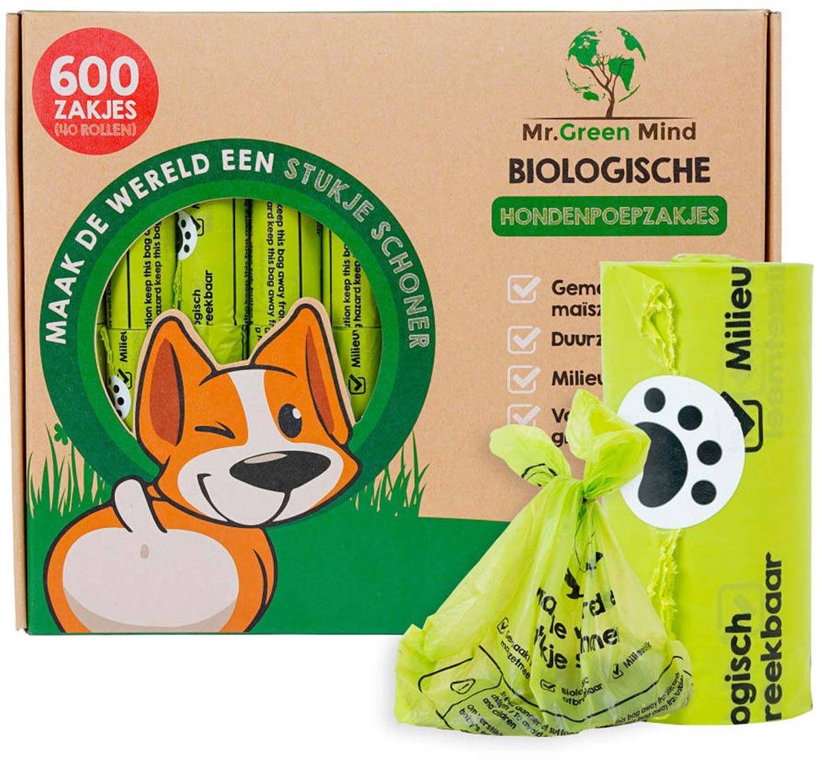 Mr. Green Mind hondenpoepzakjes Bio, groen, doos van 600 stuks