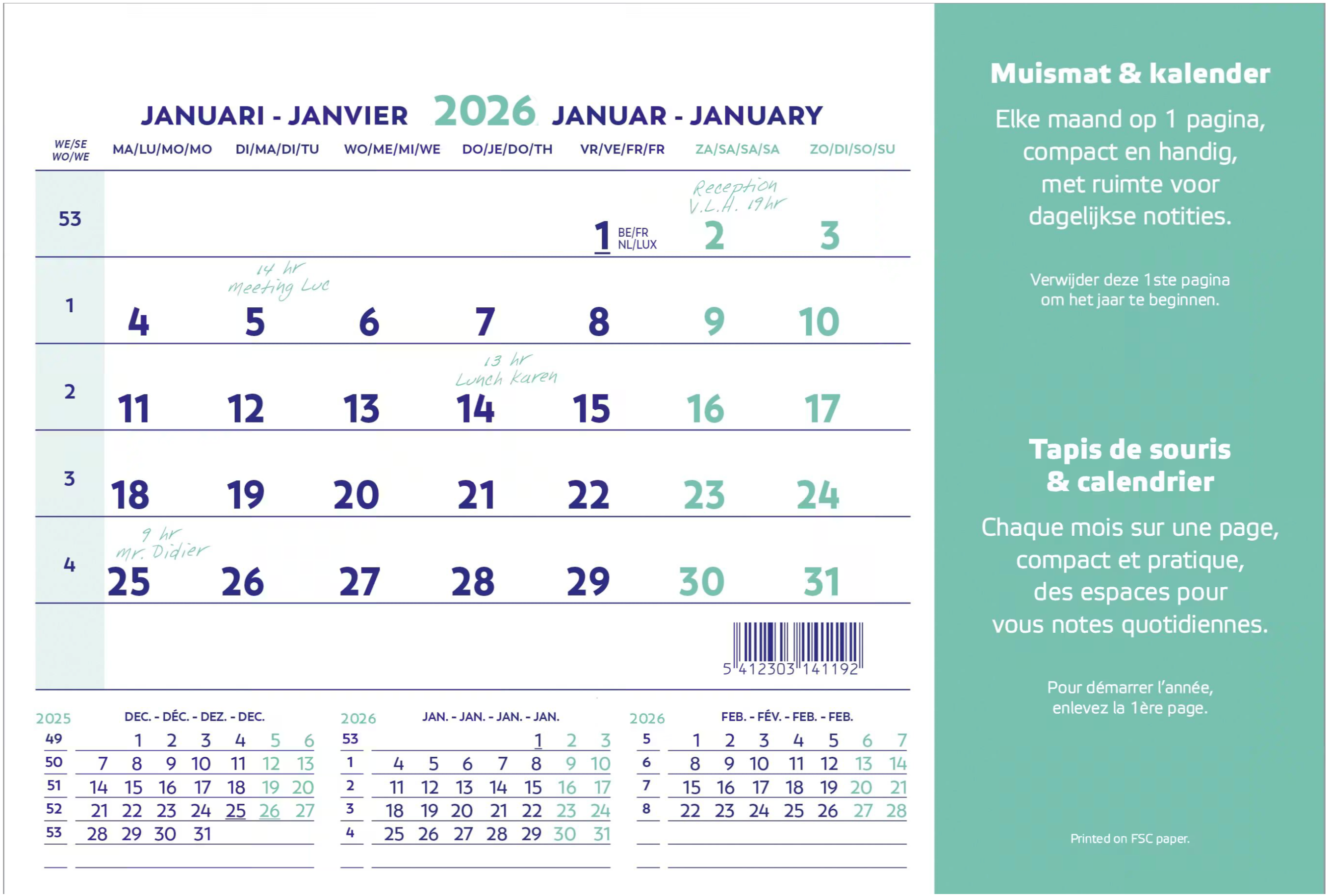 Brepols muismatkalender, ft 23X18 cm, Nederlands-Frans, 2026