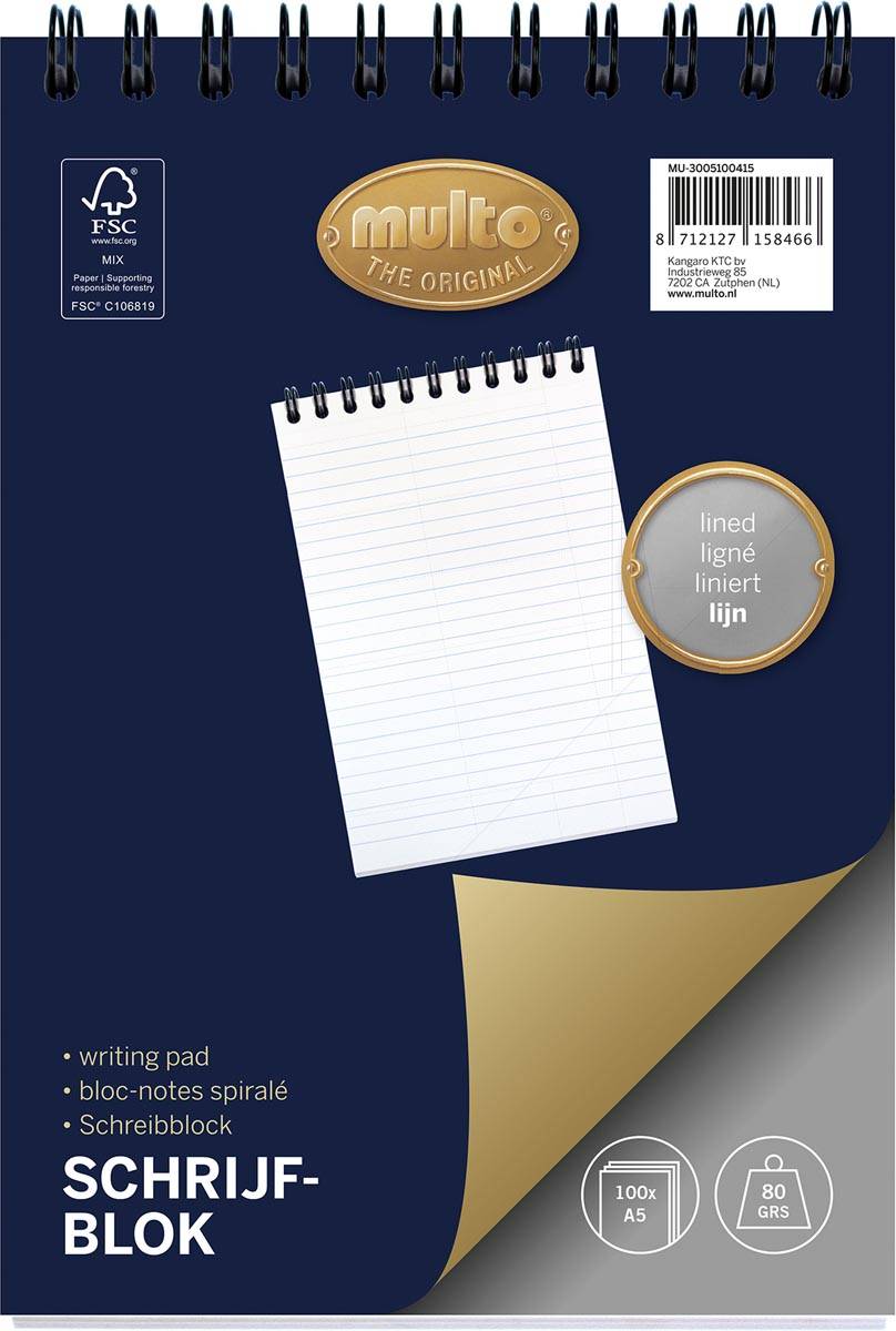 Multo kopspiraalblok, ft A5, gelijnd, 100 vel