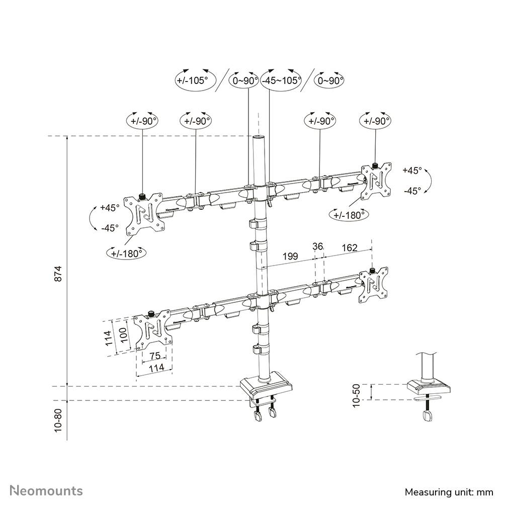 Neomounts DS60-600BL2-2 Quadruple monitorarm voor vier schermen 10-32"