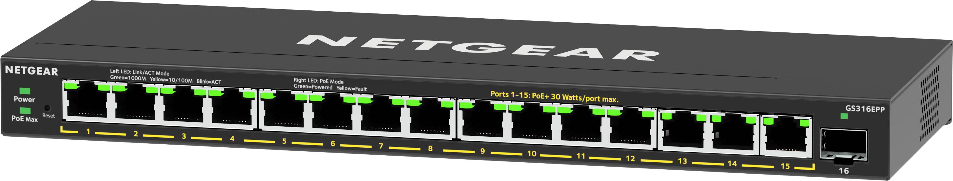 NETGEAR 16-Port High-Power PoE+ Gigabit Ethernet Plus Switch (231W) with 1 SFP port (GS316EPP)