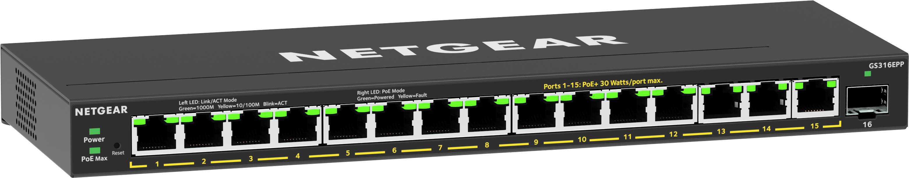 NETGEAR 16-Port High-Power PoE+ Gigabit Ethernet Plus Switch (231W) with 1 SFP port (GS316EPP)
