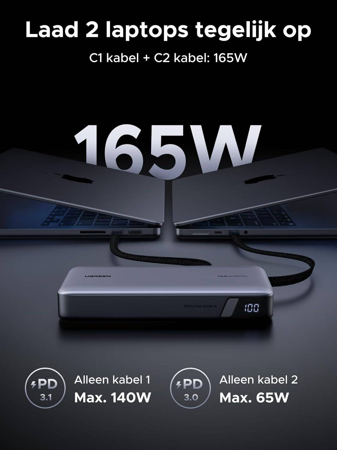 UGREEN Nexode PB552 25.000mAh 165W PowerBank with Built-in USB-C Cable