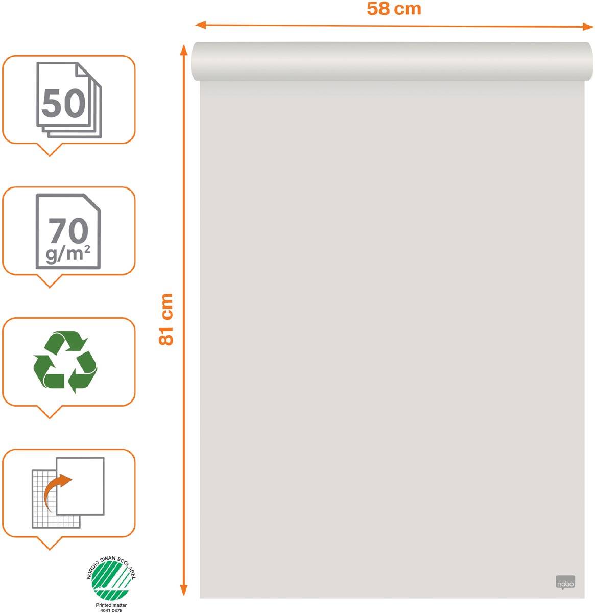 Nobo gerecycleerd papierblok voor flipcharts, ft 58 x 81 cm, blok van 50 vel, op rol