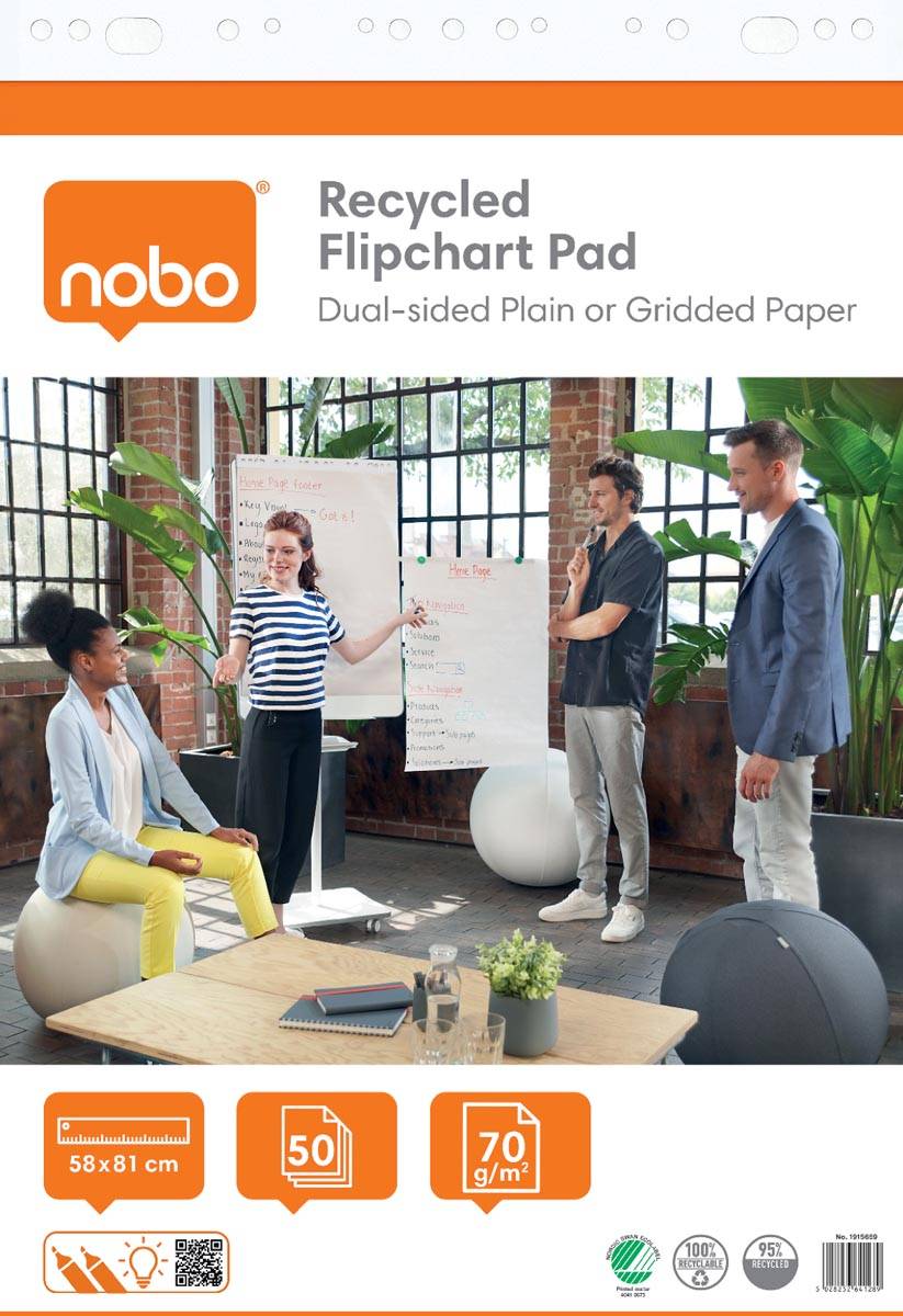 Nobo gerecycleerd papierblok voor flipcharts, ft 58 x 81 cm, blok van 50 vel, op rol