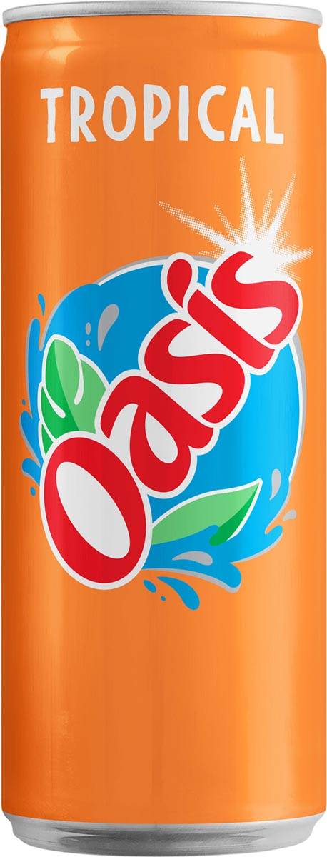 Oasis Tropical vruchtenlimonade, sleek blik van 33 cl, pak van 24 stuks