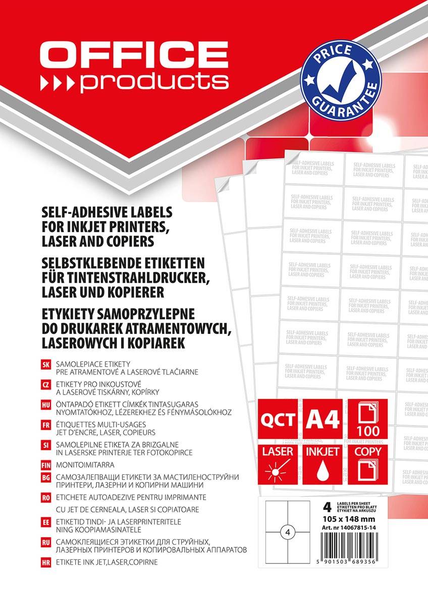 OFFICE products etiketten, wit, rechte hoeken, 100 vel, 105 x 148 mm, 4 etiketten per vel