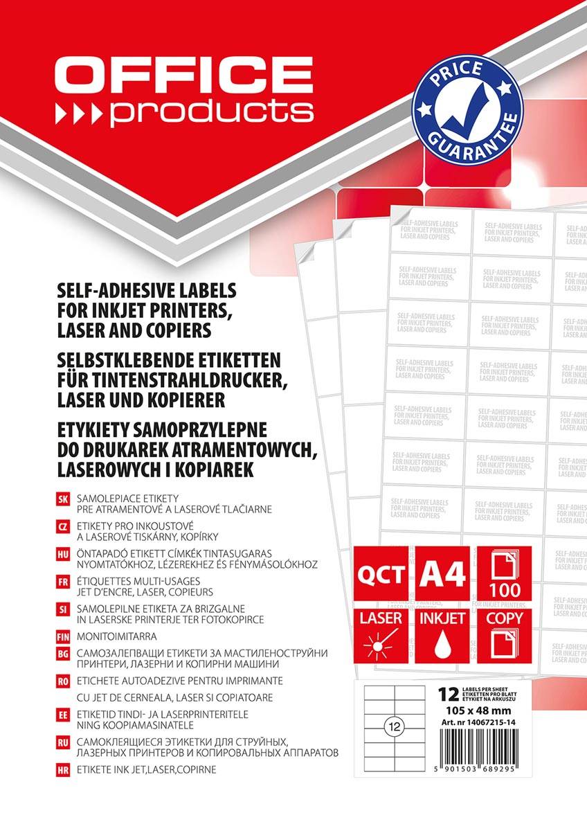 OFFICE products etiketten, wit, rechte hoeken, 100 vel, 105 x 48 mm, 12 etiketten per vel