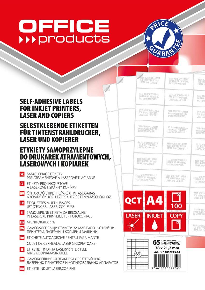 OFFICE products etiketten, wit, rechte hoeken, 100 vel, 38 x 21,2 mm, 65 etiketten per vel