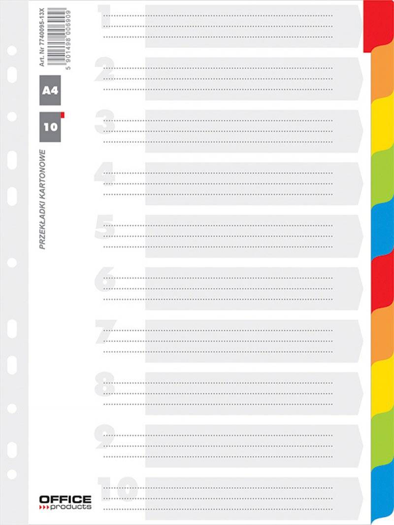 OFFICE products tabbladen, A4, karton, 11-gaatsperforatie, geassorteerde kleuren, 10 tabs