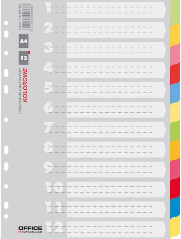 OFFICE products tabbladen, A4, karton, 11-gaatsperforatie, geassorteerde kleuren, 12 tabs