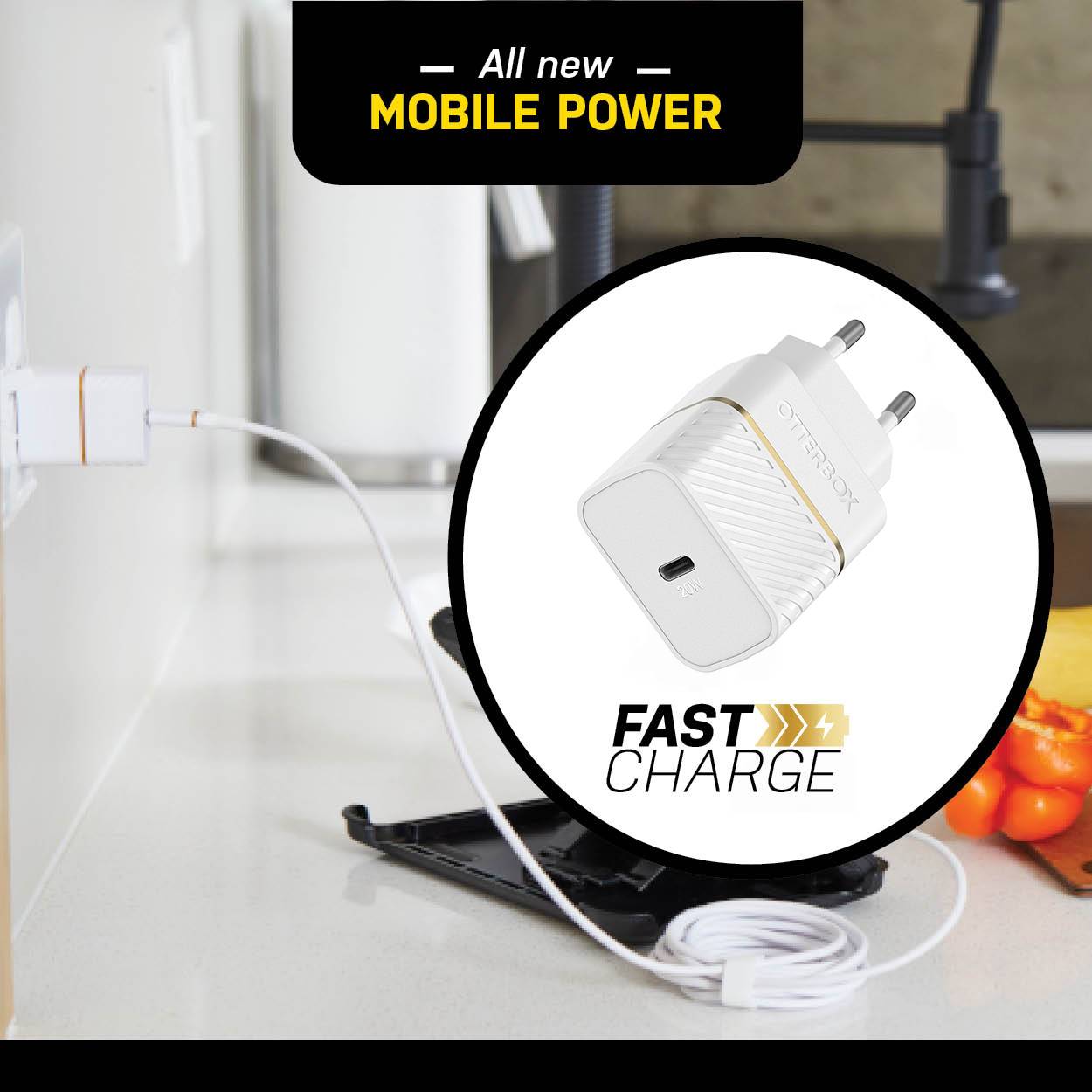 OtterBox EU Wall Charger 20W - 1X USB-C 20W USB-PD, Cloud Dust White