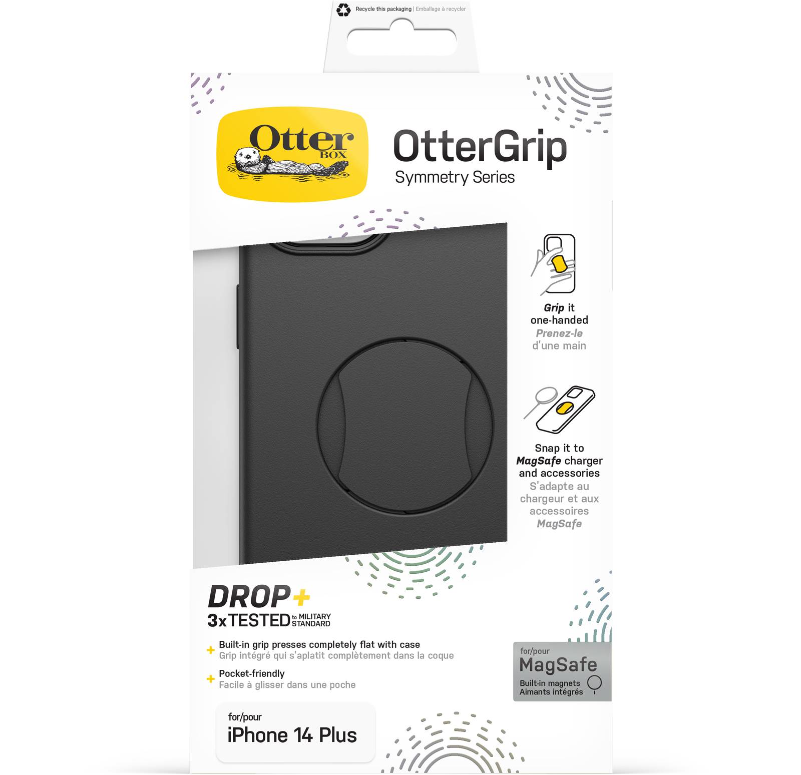 OtterBox OtterGrip Symmetry hoes voor iPhone 14 Plus voor MagSafe, valbestendig, beschermhoes met ingebouwde grip, 3x getest volgens militaire standaard, antimicrobiële bescherming, Zwart