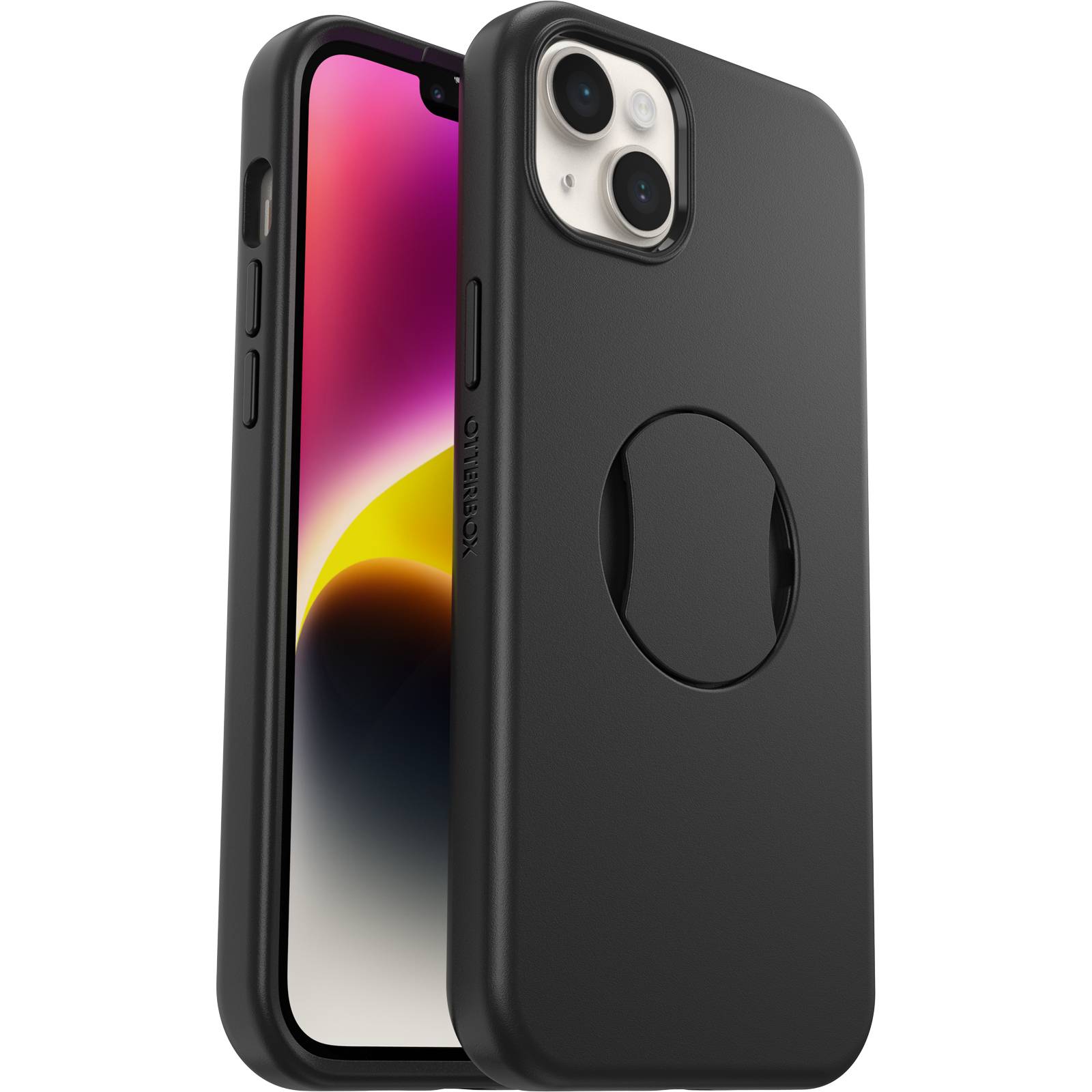 OtterBox OtterGrip Symmetry hoes voor iPhone 14 Plus voor MagSafe, valbestendig, beschermhoes met ingebouwde grip, 3x getest volgens militaire standaard, antimicrobiële bescherming, Zwart