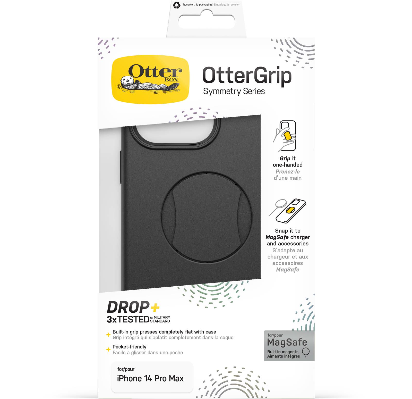 OtterBox OtterGrip Symmetry hoes voor iPhone 14 Pro Max voor MagSafe, valbestendig, beschermhoes met ingebouwde grip, 3x getest volgens militaire standaard, antimicrobiële bescherming, Zwart