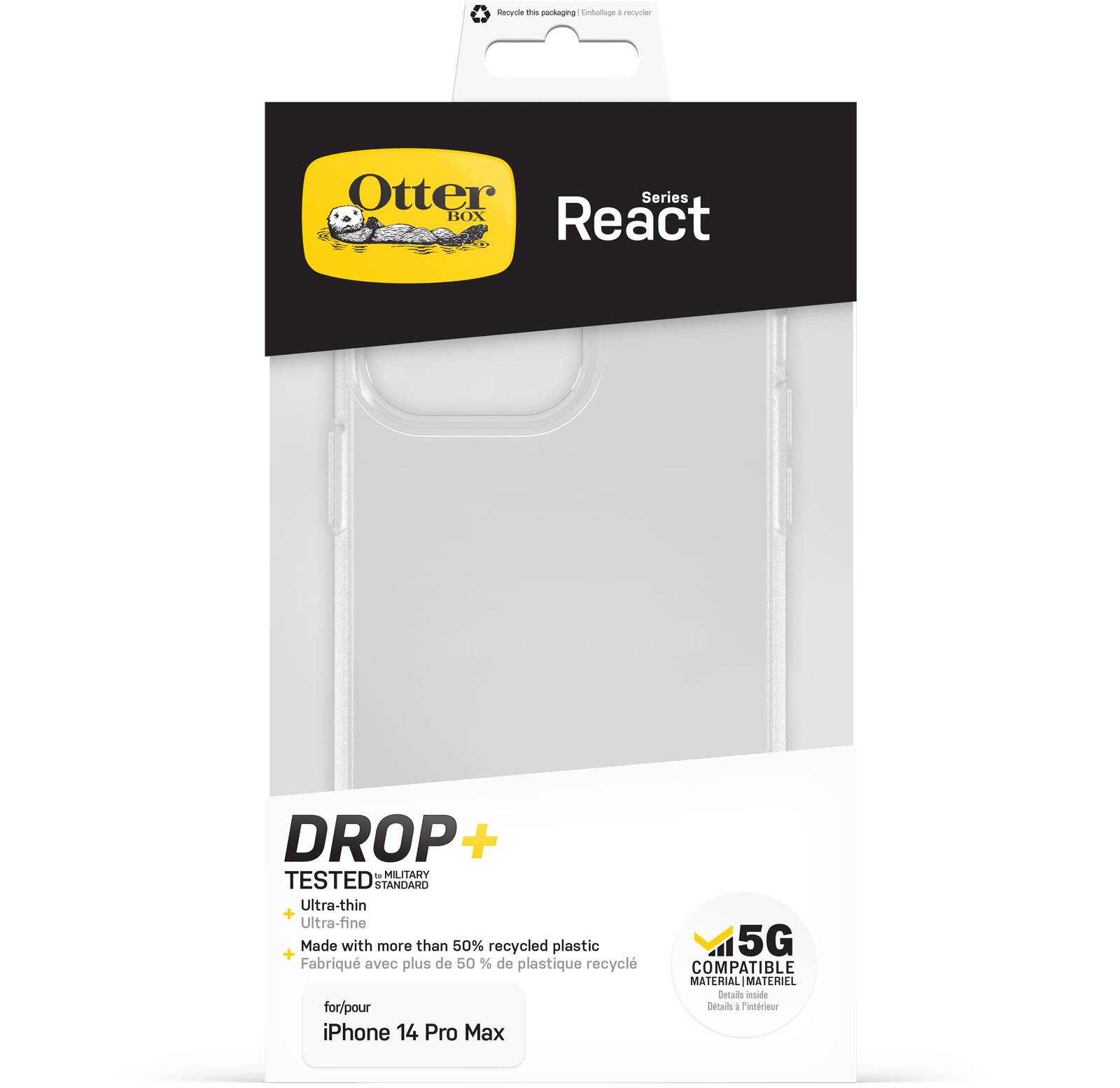 OtterBox React-hoesje voor iPhone 14 Pro Max, schokbestendig, valbestendig, ultradun, beschermende, getest volgens militaire standaard, Antimicrobieel, Clear