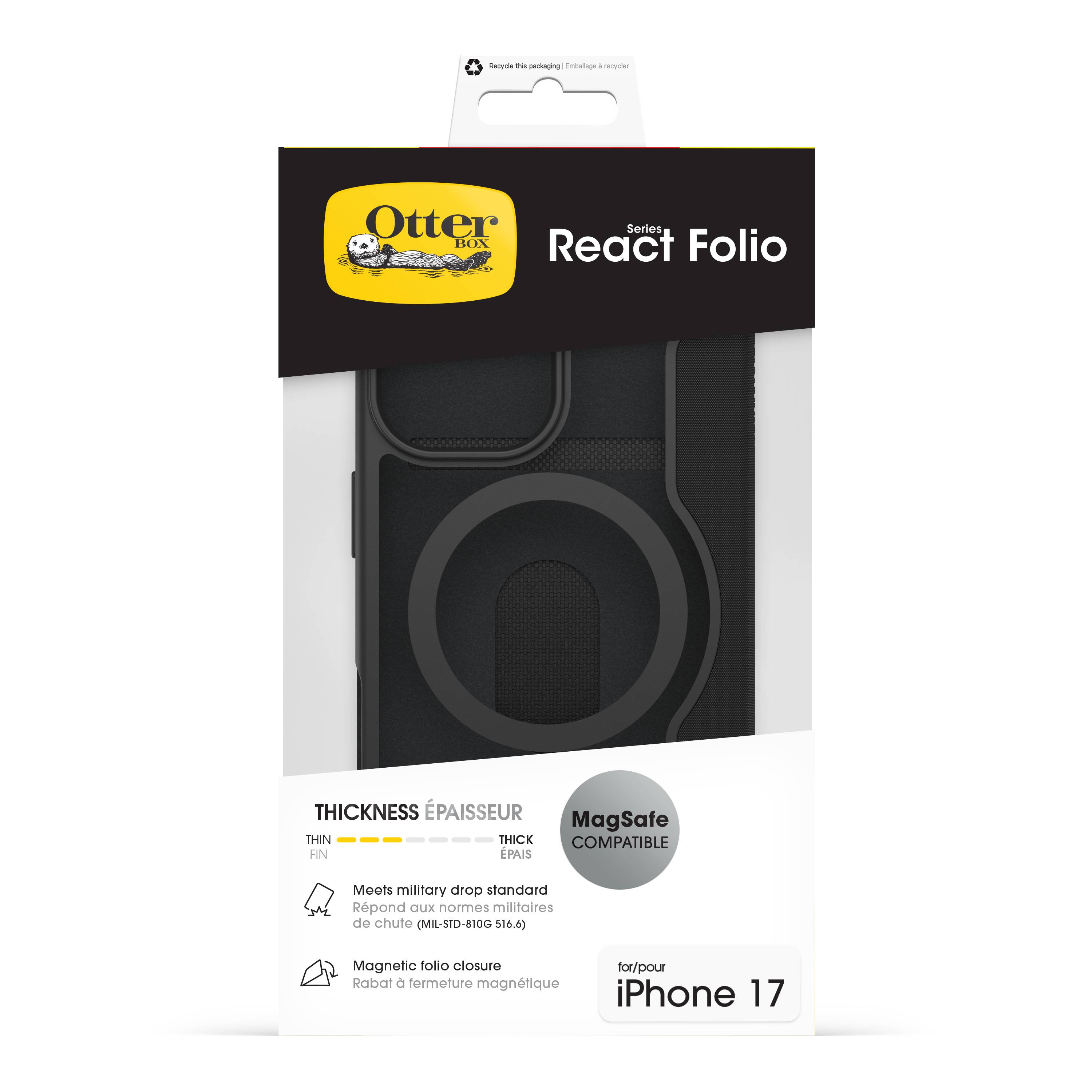 OtterBox React Folio MagSafe Series voor Apple iPhone 17 Pro, zwart Crystal, transparant/zwart