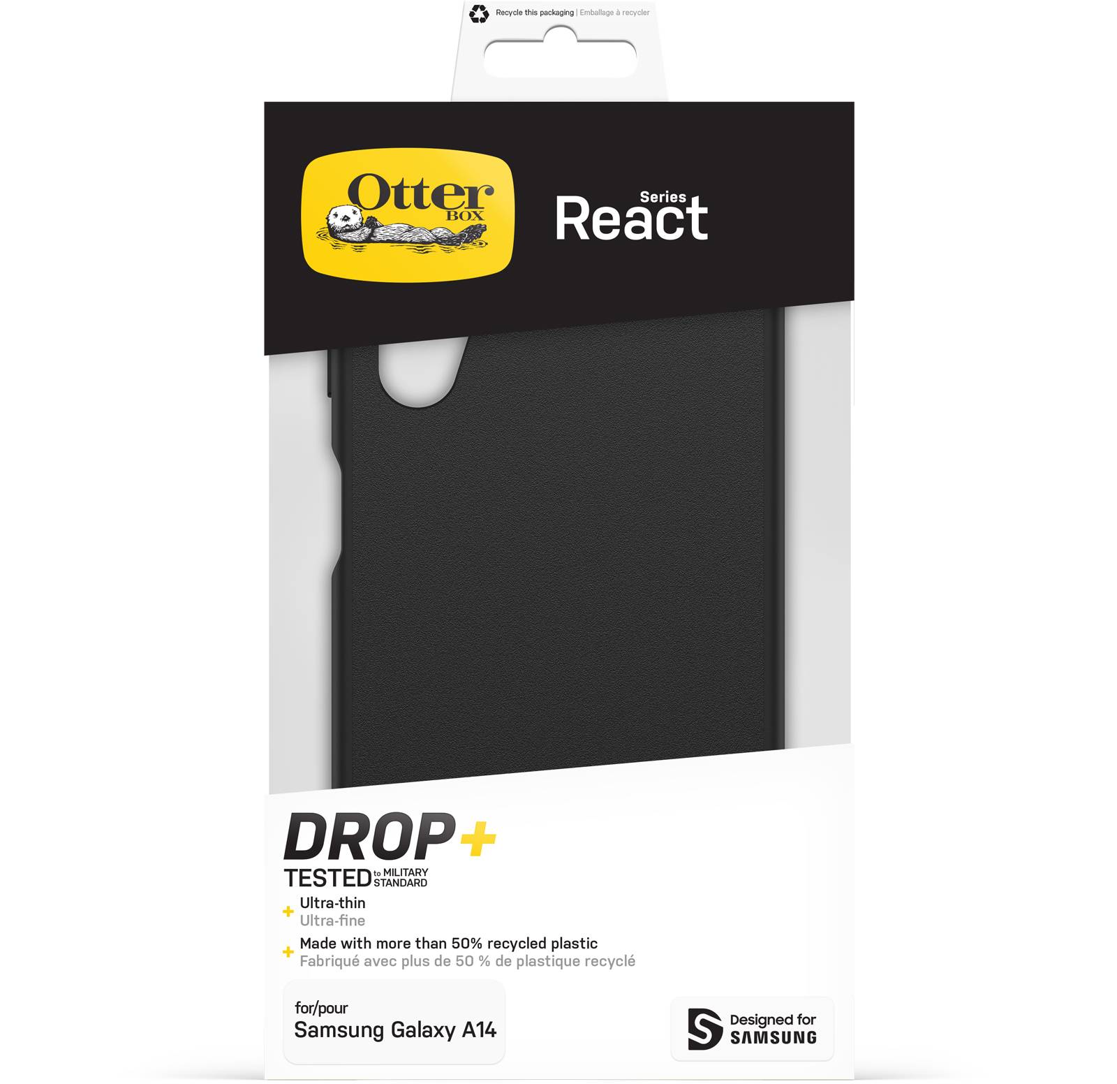 OtterBox React-hoesje voor Galaxy A14, schokbestendig, valbestendig, ultradun, beschermende, getest volgens militaire standaard, Antimicrobieel, Zwart