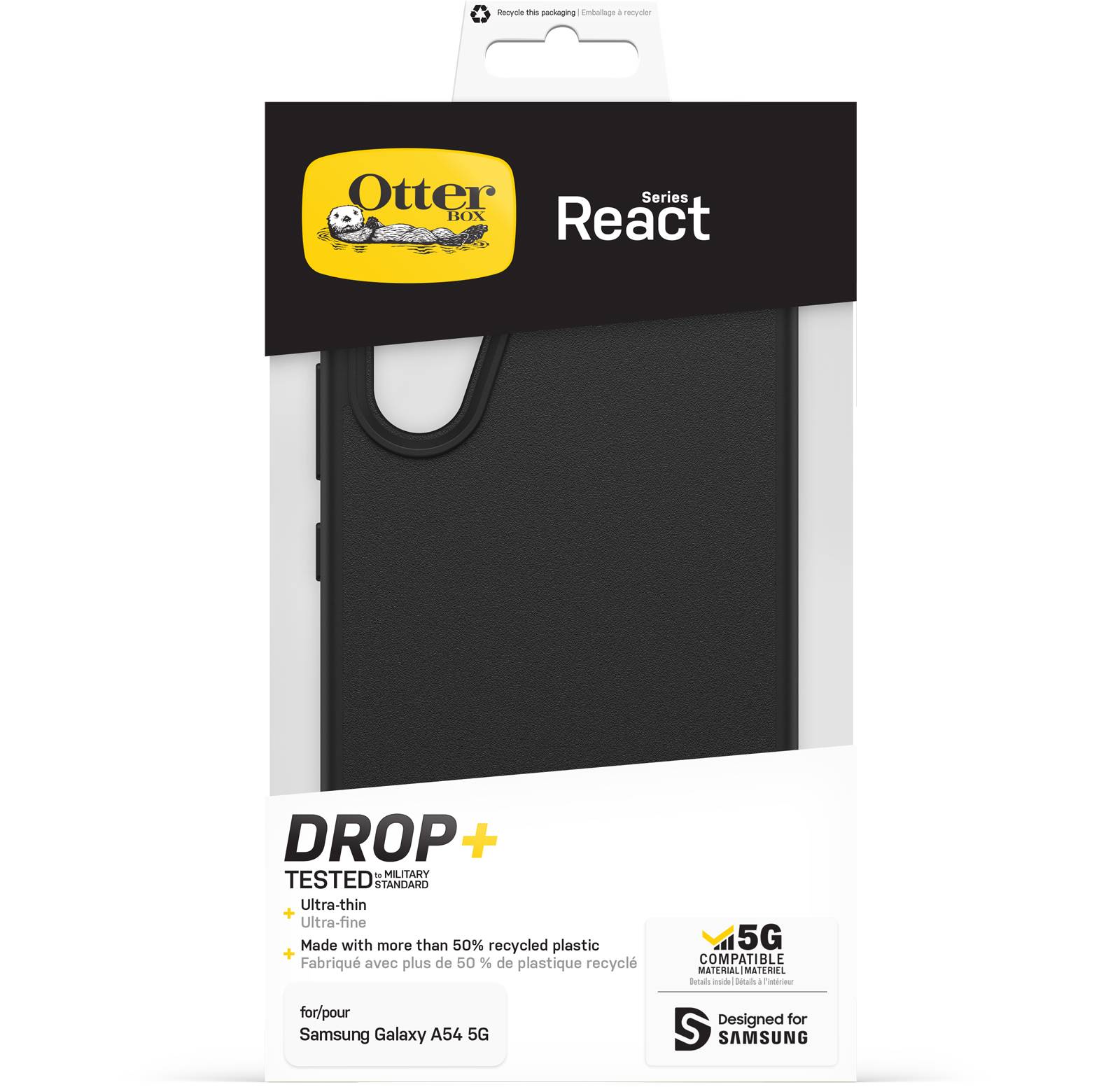 OtterBox React-hoesje voor Galaxy A54 5G, schokbestendig, valbestendig, ultradun, beschermende, getest volgens militaire standaard, Antimicrobieel, Zwart, Geen retailverpakking