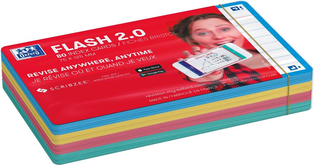 Oxford Flash 2.0 flashcard starterkit, gelijnd, A7, assorti, pak van 80 vel