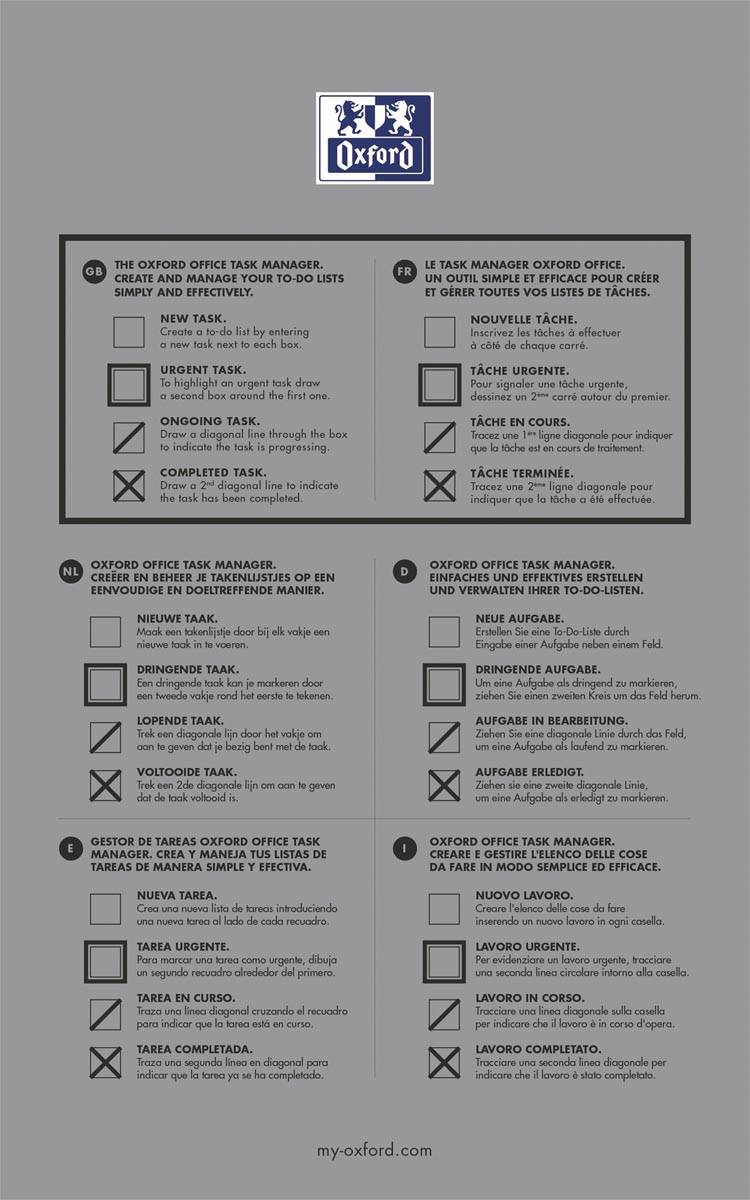 Oxford Office Essentials taskmanager, 140 bladzijden, ft 12,5 x 20 cm, geassorteerde kleuren