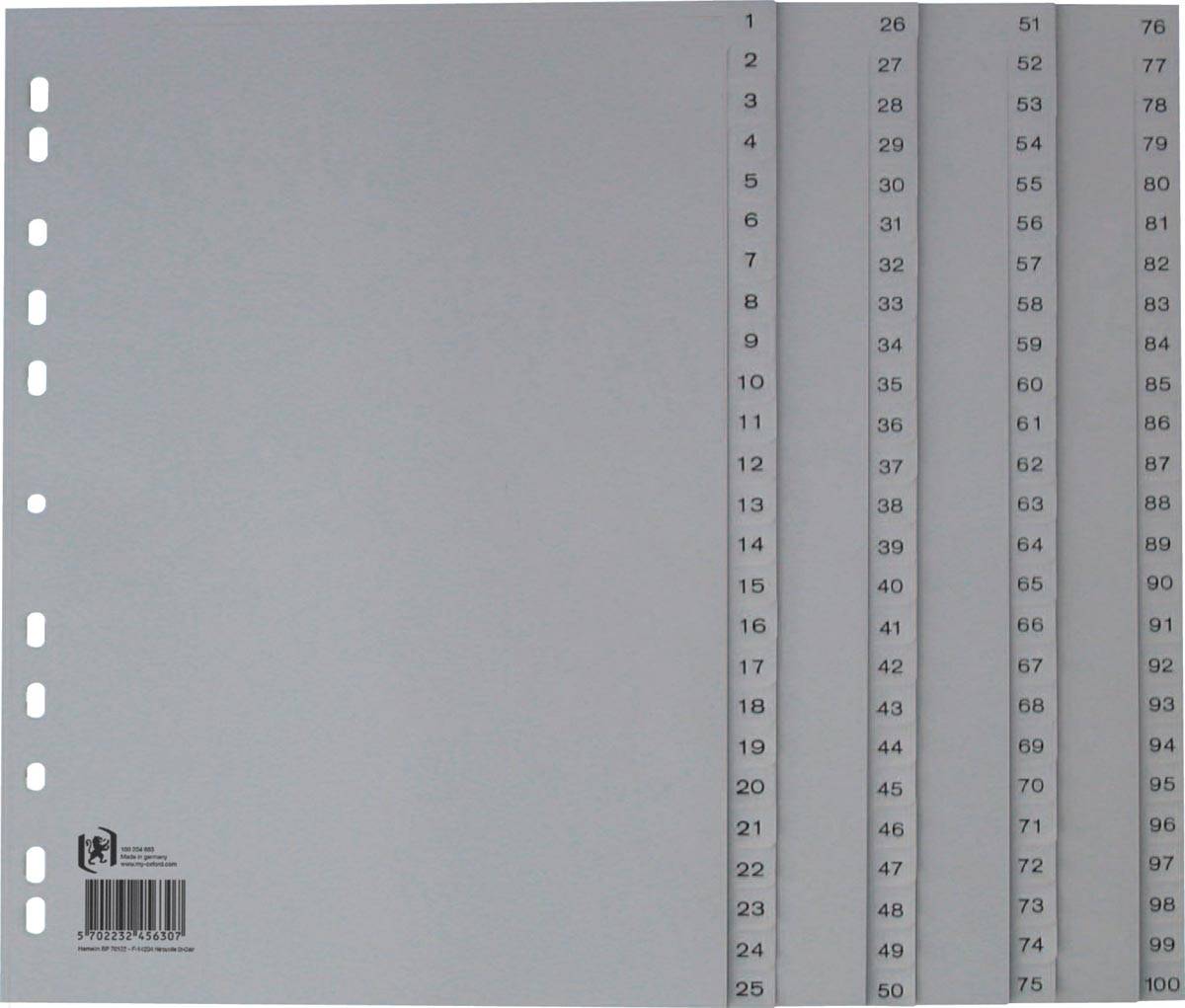 Oxford tabbladen, A4, uit PP, 11-gaatsperforatie, 100 genummerde tabs, grijs