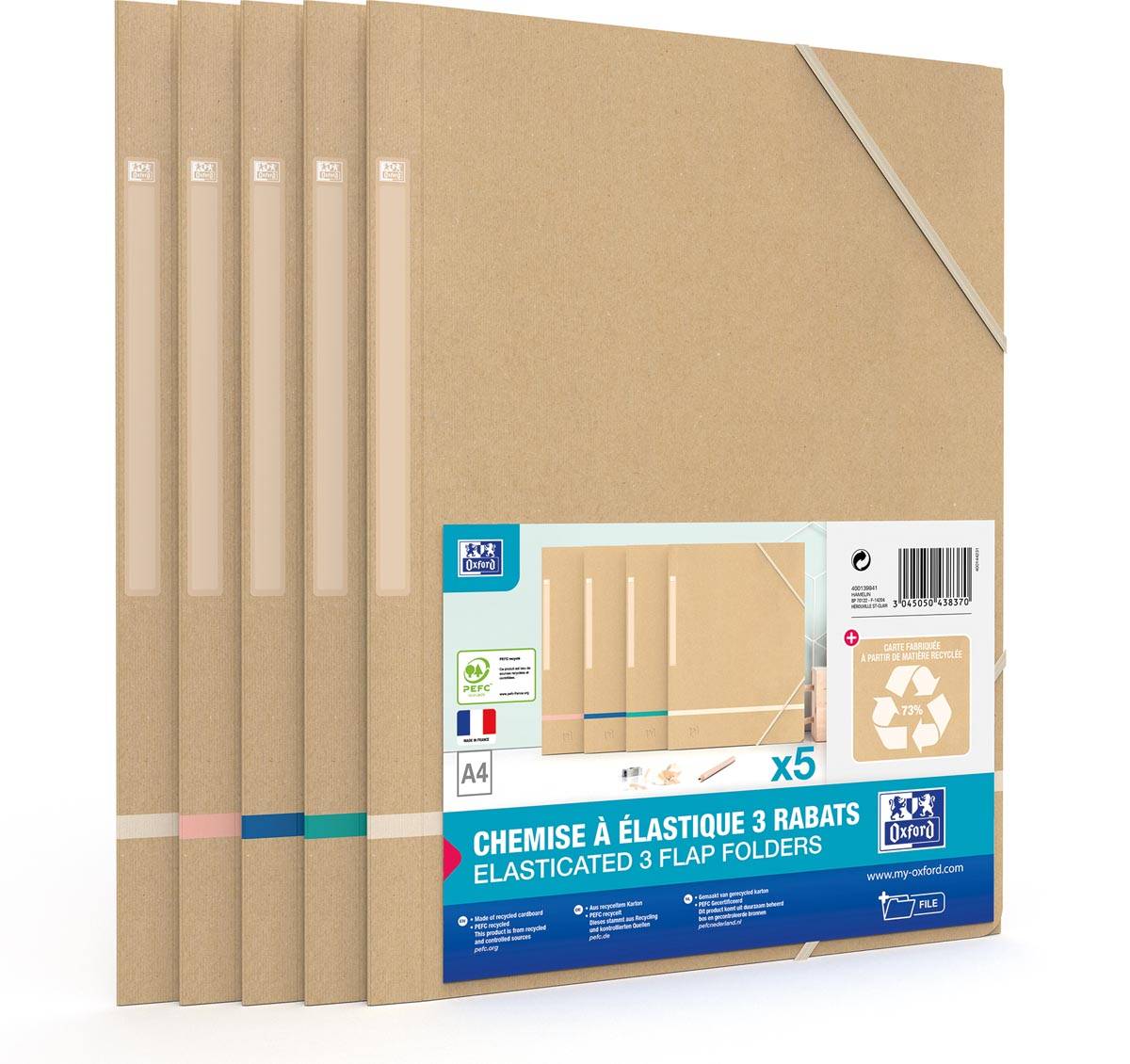 Oxford Touareg elastomap, uit karton, ft A4, naturel en geassorteerde kleuren, pak van 5 stuks