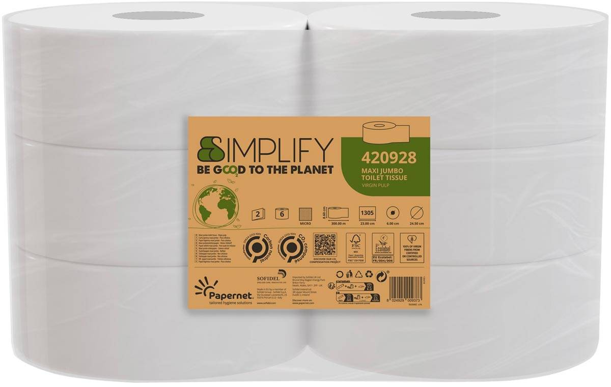 Papernet toiletpapier Simplify Maxi Jumbo, 2-laags, 1305 vellen, pak van 6 rollen