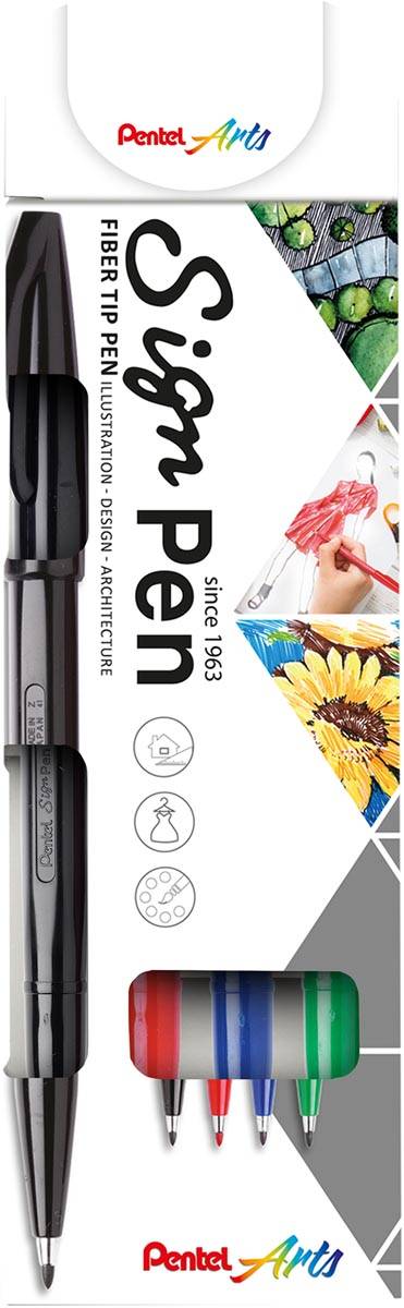 Pentel Sign Pen S520, blister van 4 stuks in geassorteerde kleuren